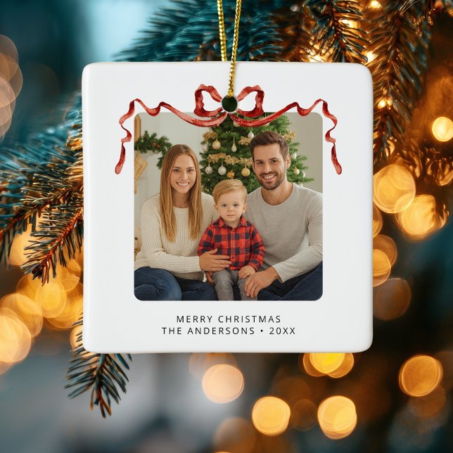 Red Bow Christmas Photo Square Julgransprydnad Keramik (Red bow square christmas photo ornament)
