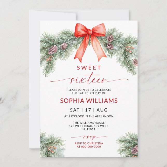 Red Bow Christmas Sweet 16 Birthday Invitation Inbjudningar (Framsida)