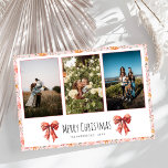 Red Bow Coquette Blommigt jul Photo Collage Julkort<br><div class="desc">Modern och minimalistisk röd båge och blommigt tema elegant jul och Helgdag.</div>