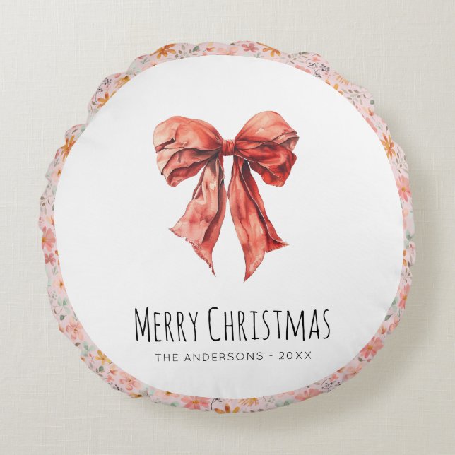 Red Bow Coquette Modern Blommigt Jul Rund Kudde (Framsidan)