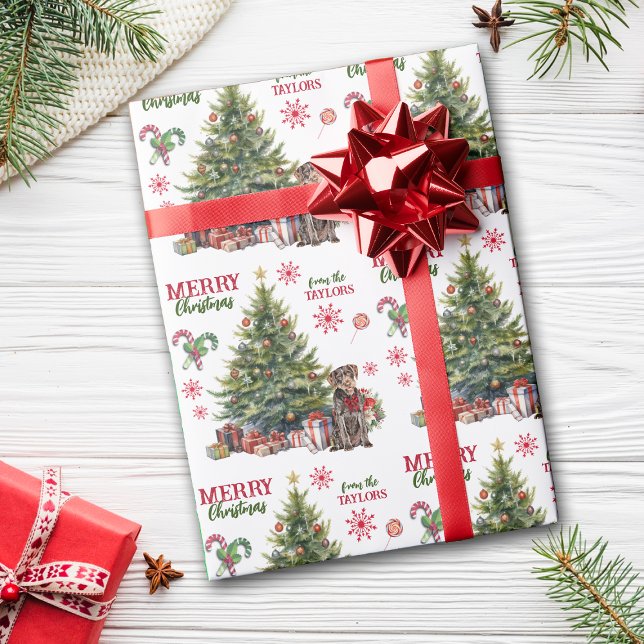 Red Bow German Wirehsted Pointer Hund Helgdag Träd Presentpapper (Skapare uppladdad)