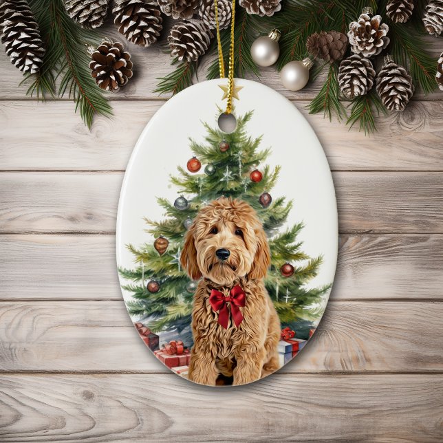 Red Bow Goldendoodle Hund jul Julgransprydnad Keramik (Skapare uppladdad)