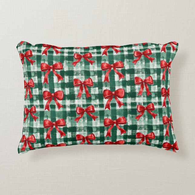 Red Bow Green Plaid Christmas Prydnadskudde (Framsidan)