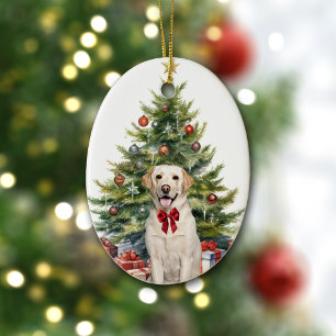 Red Bow Gult Labrador Retriever jul Julgransprydnad Keramik