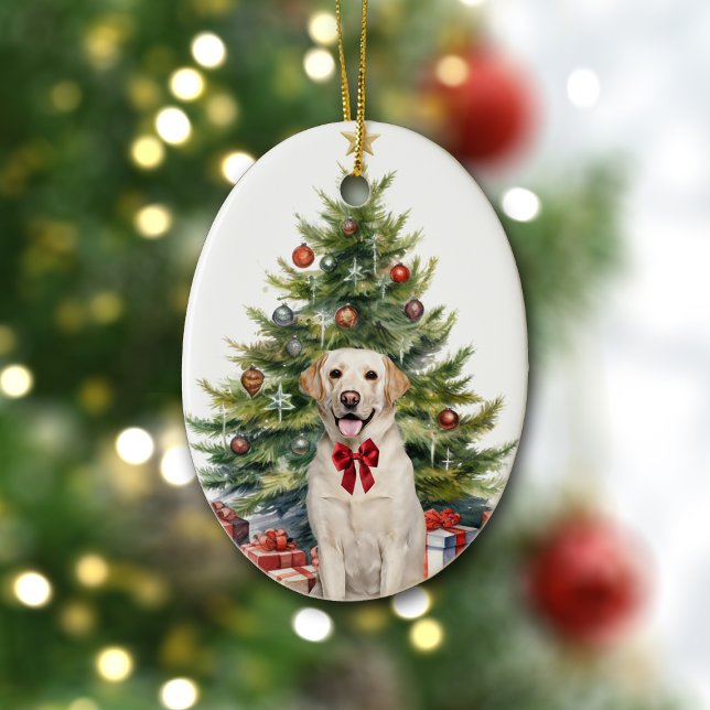 Red Bow Gult Labrador Retriever jul Julgransprydnad Keramik (Skapare uppladdad)