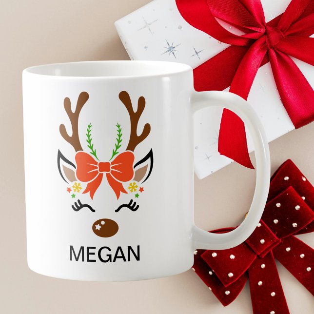 Red Bow Holiday Antlers Reindeer Face Kaffemugg (Red Bow Holiday Antlers Reindeer Face Coffee Mug
)