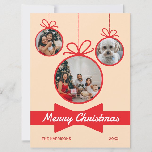 Red Bow-julen Boll Tre foton Julkort (Framsida)