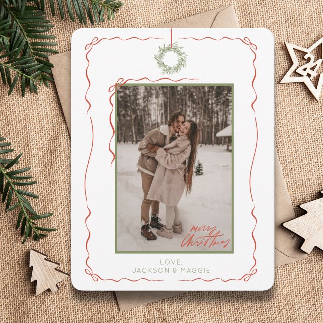 Red Bow-jullkort för andningsskydd i hand plockade Julkort (Hand Drawn Wreath Red Bow Photo Christmas Card
)