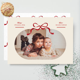 Red Bow Merriest jul Oval Photo Flat Julkort