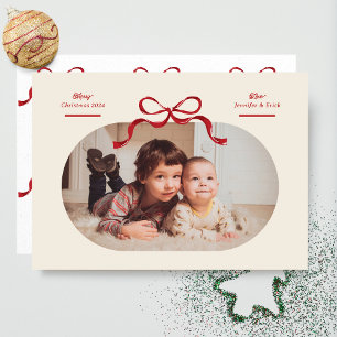 Red Bow Merriest jul Oval Photo Flat Julkort