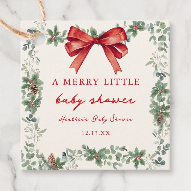 Red Bow Merry Little Christmas Baby Shower Gåvor Etiketter (Framsida)