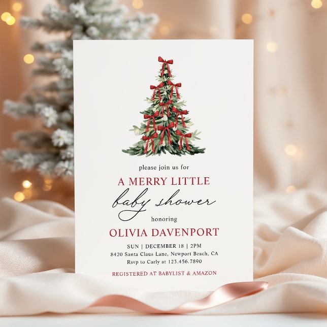Red Bow Merry Little Christmas Tree Baby Shower Inbjudningar (Skapare uppladdad)