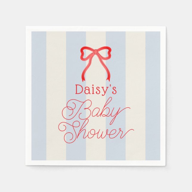 Red Bow & Pale Blue Stripes Baby Shower Pappersservett (Framsidan)