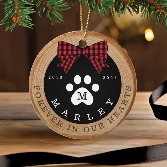 Red Bow Paw Skriv ut anteckningsblock Foto Wood Sl Julgransprydnad Keramik (Red Bow Paw Print Memorial Pet Photo Wood Slice Ceramic Ornament)