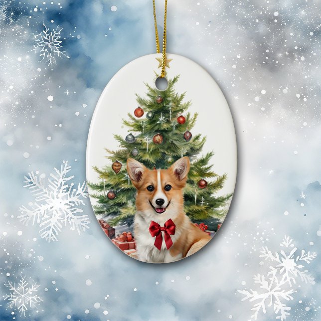 Red Bow Pembroke Welsh Corgi Hund jul Julgransprydnad Keramik (Skapare uppladdad)