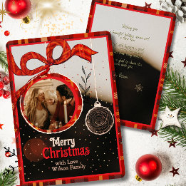 Red Bow Plaid & Gold Foil Single Photo Christmas
