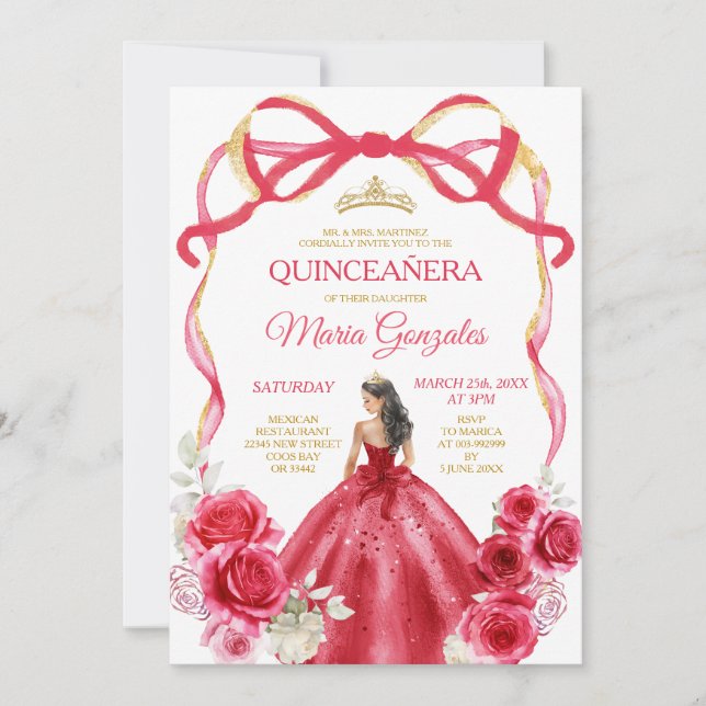 Red Bow Ram Princess Guld Krona Girl Quinceañera Inbjudningar (Framsida)