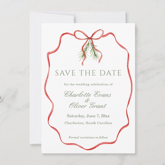Red Bow Ribbon Winter Save The Date Spara Datumet (Framsida)