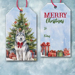 Red Bow Siberian husky Hund Julgran Presentetikett