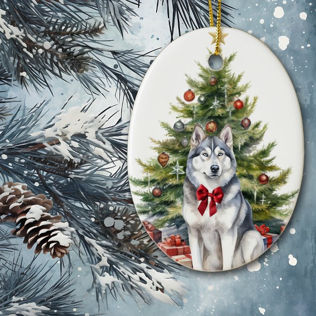Red Bow Siberian husky jul Julgransprydnad Keramik (Skapare uppladdad)