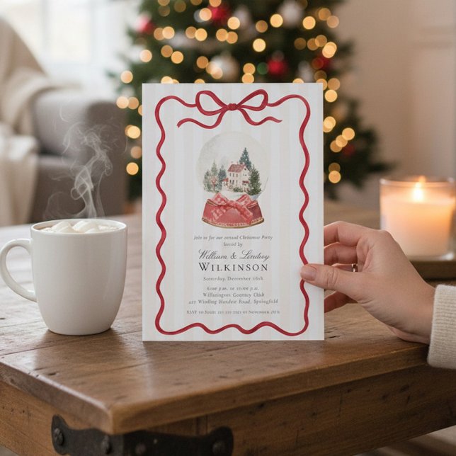 Red Bow Snow Globe Christmas Party Invitation Inbjudningar (Skapare uppladdad)