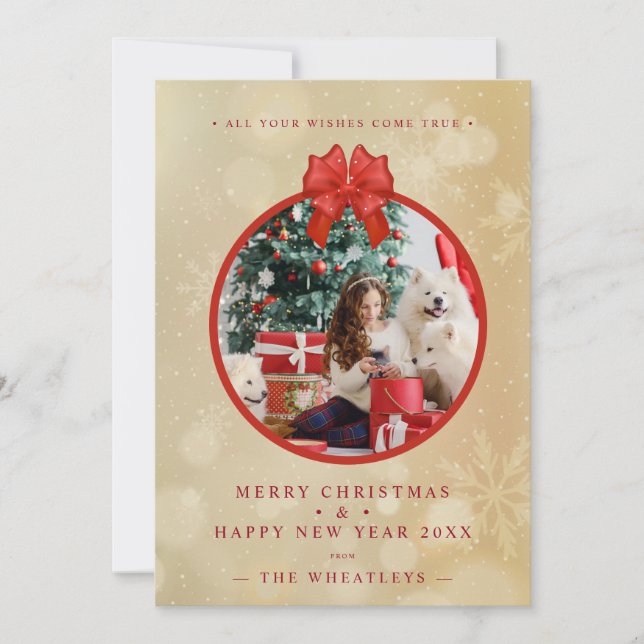 Red Bow Snowflakes Christmas Round Family Photo (Framsida)