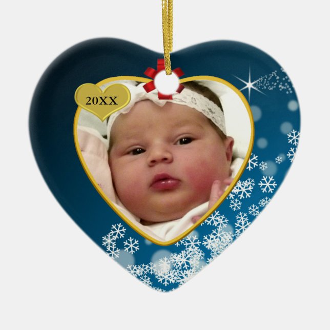 Red Bow Snowy Blue Baby Första julhjärtan Julgransprydnad Keramik (Framsidan)