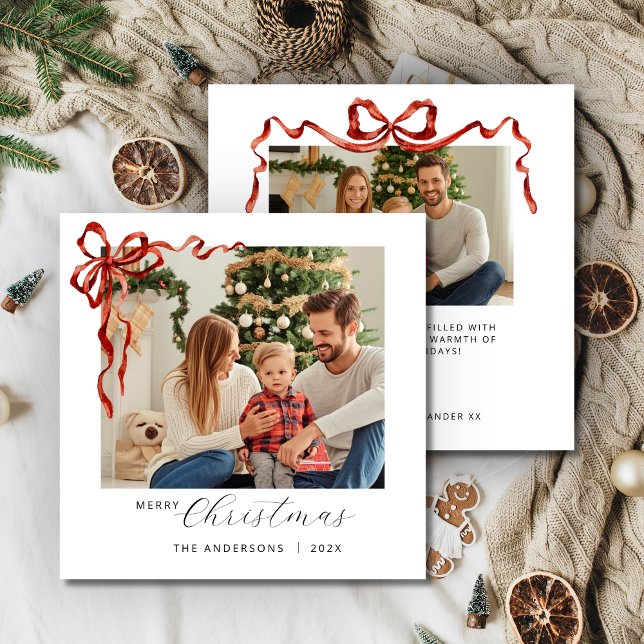 Red Bow Square Christmas Photo Julkort (Red Bow Square Christmas Photo Holiday card
)