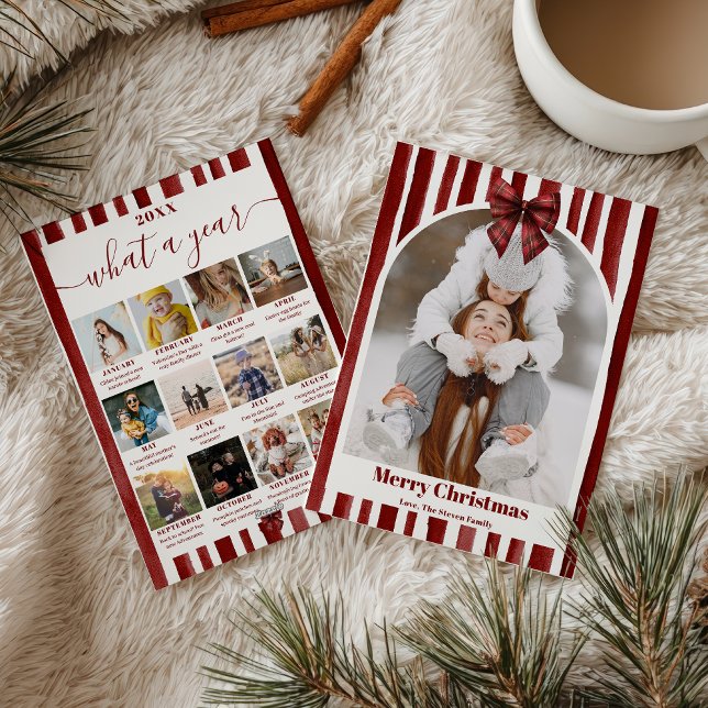 Red Bow Stripe Plaid Christmas Photo Year Review Julkort (Red Bow Stripe Plaid Christmas Photo Year Review Holiday Card)