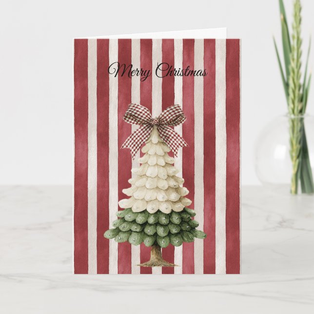 Red Bow Stripes Christmas Green Cream Tree Kort (Framsida)