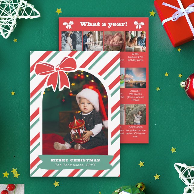 Red Bow & Stripes Year In Review Merry Christmas Julkort (Skapare uppladdad)