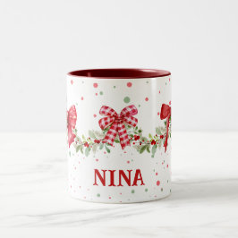 Red Bow Wandeand Garland Personlig jul Mugg