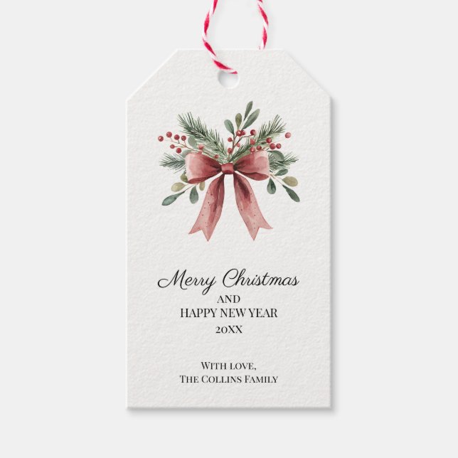 Red Bow Watercolor Grönt Holly Berries jul Presentetikett (Framsidan)