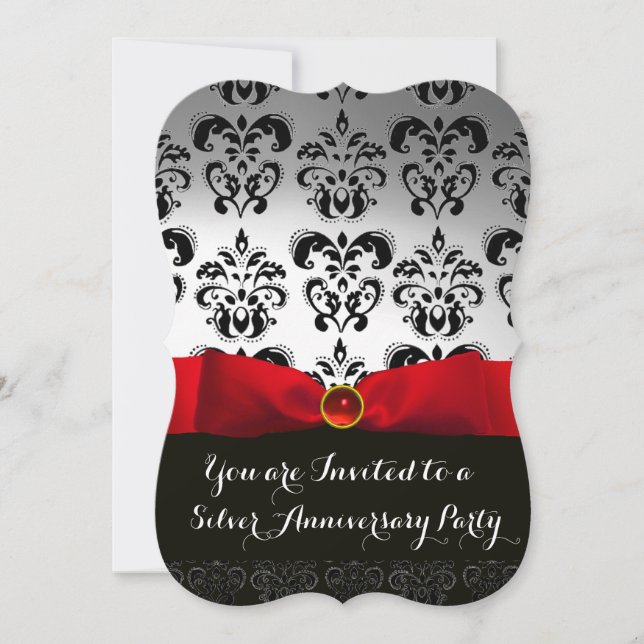 RED BOW WHITE BLACK DAMASK WEDDING ANNIVERSARY INBJUDNINGAR (Framsida)