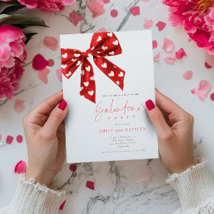 Red Bow White Hearts Galentines Party Inbjudningar