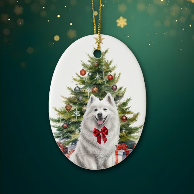Red Bow White Samoyed Hund jul Julgransprydnad Keramik (Skapare uppladdad)