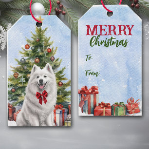 Red Bow White Samoyed Hund Julgran Presentetikett