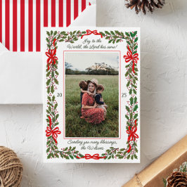 Red Bows and Holly Garland One-Photo jul Julkort