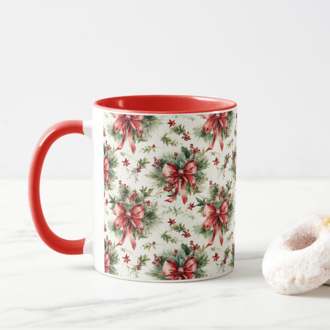 Red Bows and Holly Leaves Mugg (Med munk)