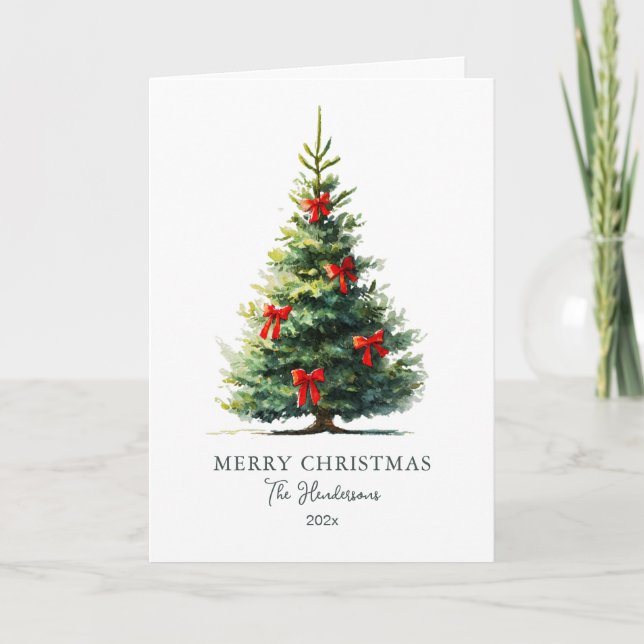 Red Bows Merry Christmas Tree Card Helgkort (Framsida)