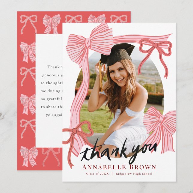 Red Bows Photo Graduation Thank You Card Inbjudningar (Fram/baksida)