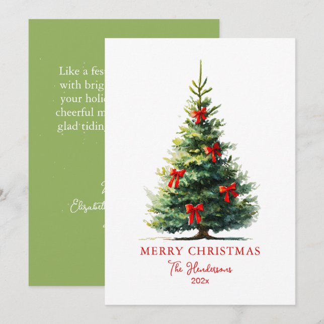 Red Bows Ribbons Merry Christmas Tree Card Julkort (Fram/baksida)