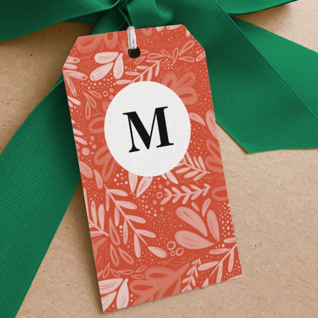 Red Bramble | Festivt botaniskt monogram Presentetikett (Watercolor botanical red bramble holiday gift tag.)