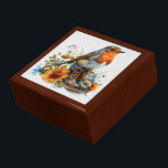 Red Breast Robin On Blommigt Cottge Design Minnesask<br><div class="desc">Förvara dina skatter eller ge en förmånslåda till någon som en vacker gåva. Nu finns det möjlighet att välja trä ramar. Många utformningar för olika tillfälle finns i min butik.</div>