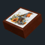 Red Breast Robin On Blommigt Cottge Design Minnesask<br><div class="desc">Förvara dina skatter eller ge en förmånslåda till någon som en vacker gåva. Nu finns det möjlighet att välja trä ramar. Många utformningar för olika tillfälle finns i min butik.</div>