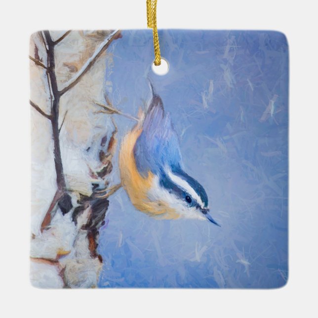 Red-Brested Nuthatch Painting Original Bird Art Julgransprydnad Keramik (Framsida)