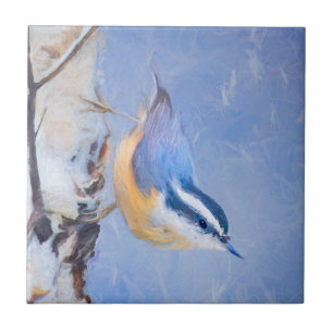 Red-Brested Nuthatch Painting Original Bird Art Kakelplatta