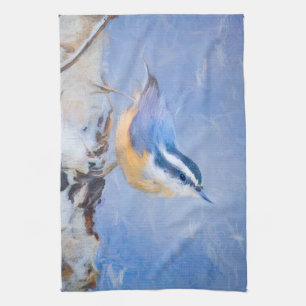Red-Brested Nuthatch Painting Original Bird Art Kökshandduk
