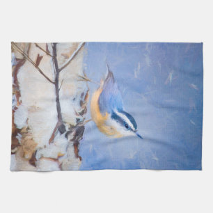 Red-Brested Nuthatch Painting Original Bird Art Kökshandduk