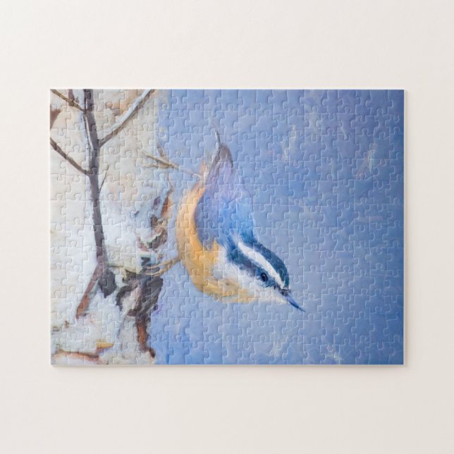 Red-Brested Nuthatch Painting Original Bird Art Pussel (Horisontell)